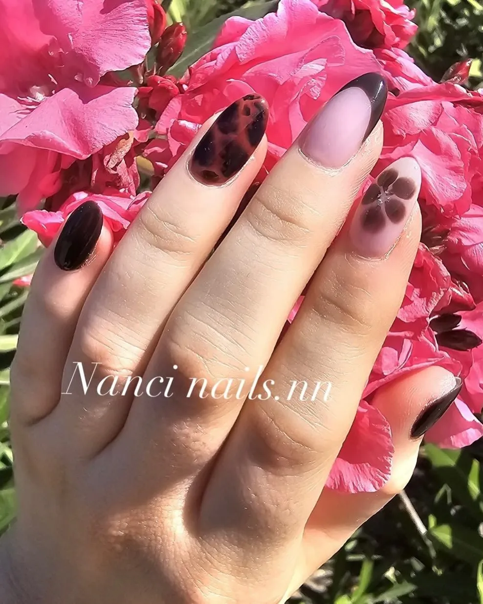 Uñas almendradas en negro con efecto carey y una flor difuminada, sobre adelfas rosas
