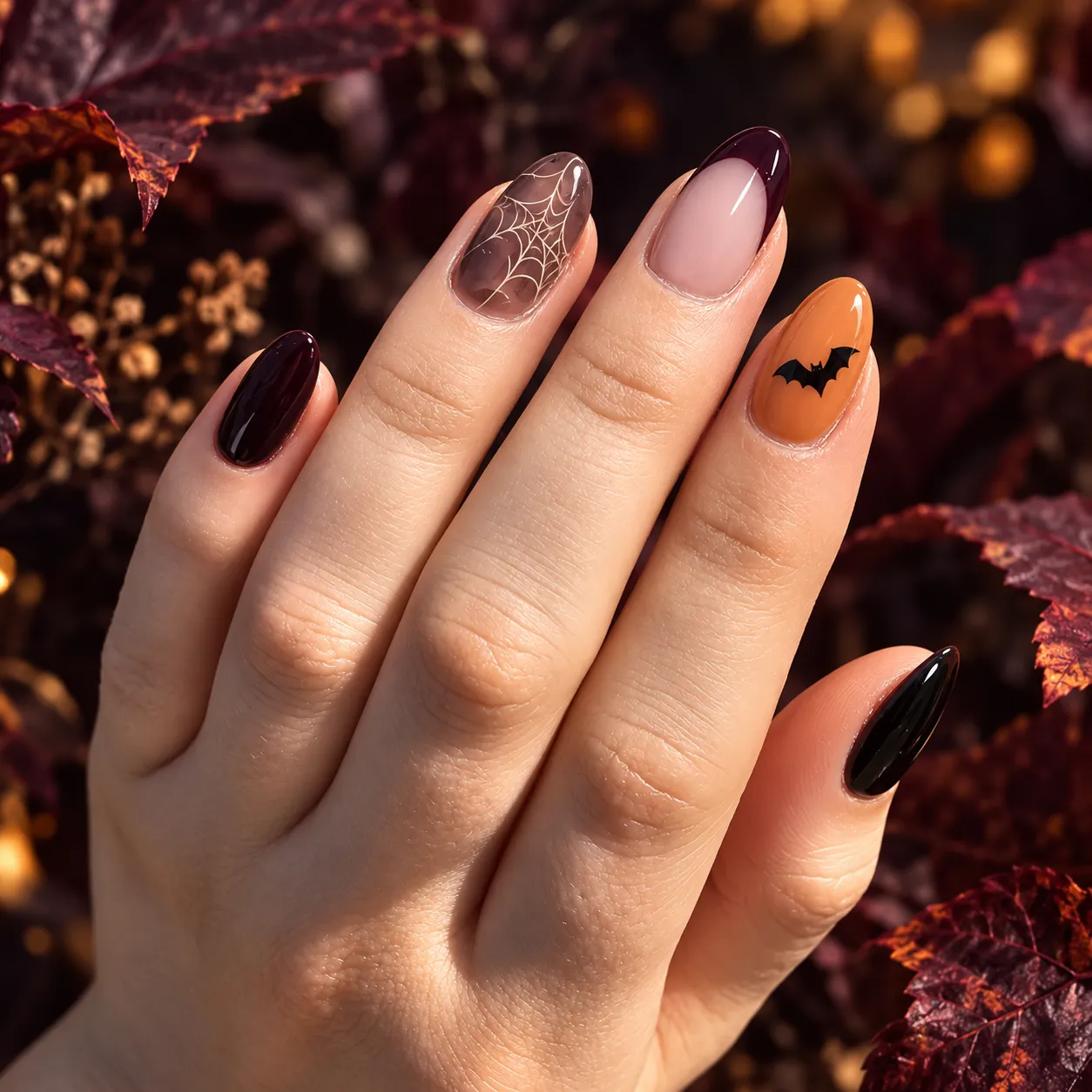 Manicura de inspiración Halloween en negro y naranja, con un murciélago y una telaraña fina sobre fondo otoñal